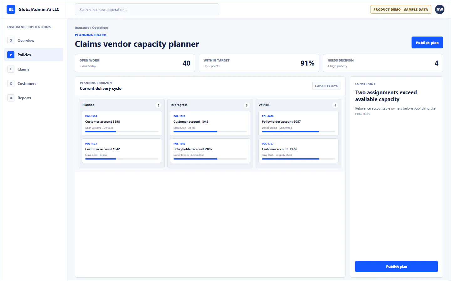 Representative Claims vendor capacity planner application for Insurance, showing planning board, sample operational data, accountable ownership, and a visible next action.