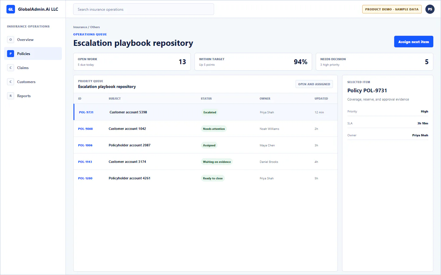 Representative Escalation playbook repository application for Insurance, showing operations queue, sample operational data, accountable ownership, and a visible next action.