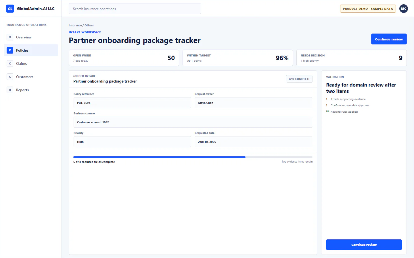 Representative Partner onboarding package tracker application for Insurance, showing intake workspace, sample operational data, accountable ownership, and a visible next action.