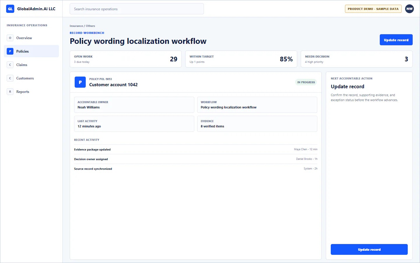 Representative Policy wording localization workflow application for Insurance, showing record workbench, sample operational data, accountable ownership, and a visible next action.