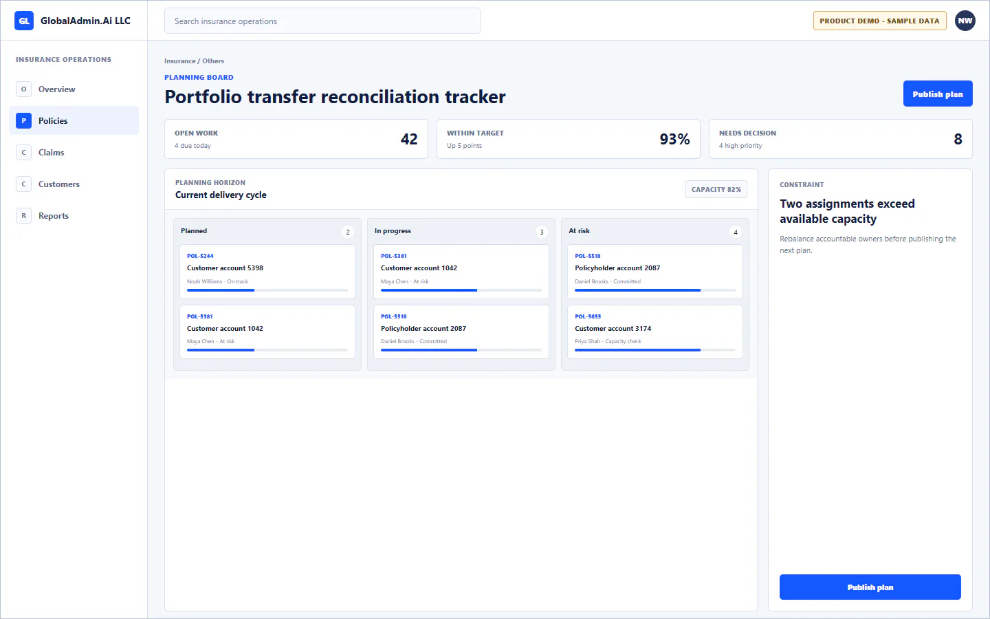 Representative Portfolio transfer reconciliation tracker application for Insurance, showing planning board, sample operational data, accountable ownership, and a visible next action.