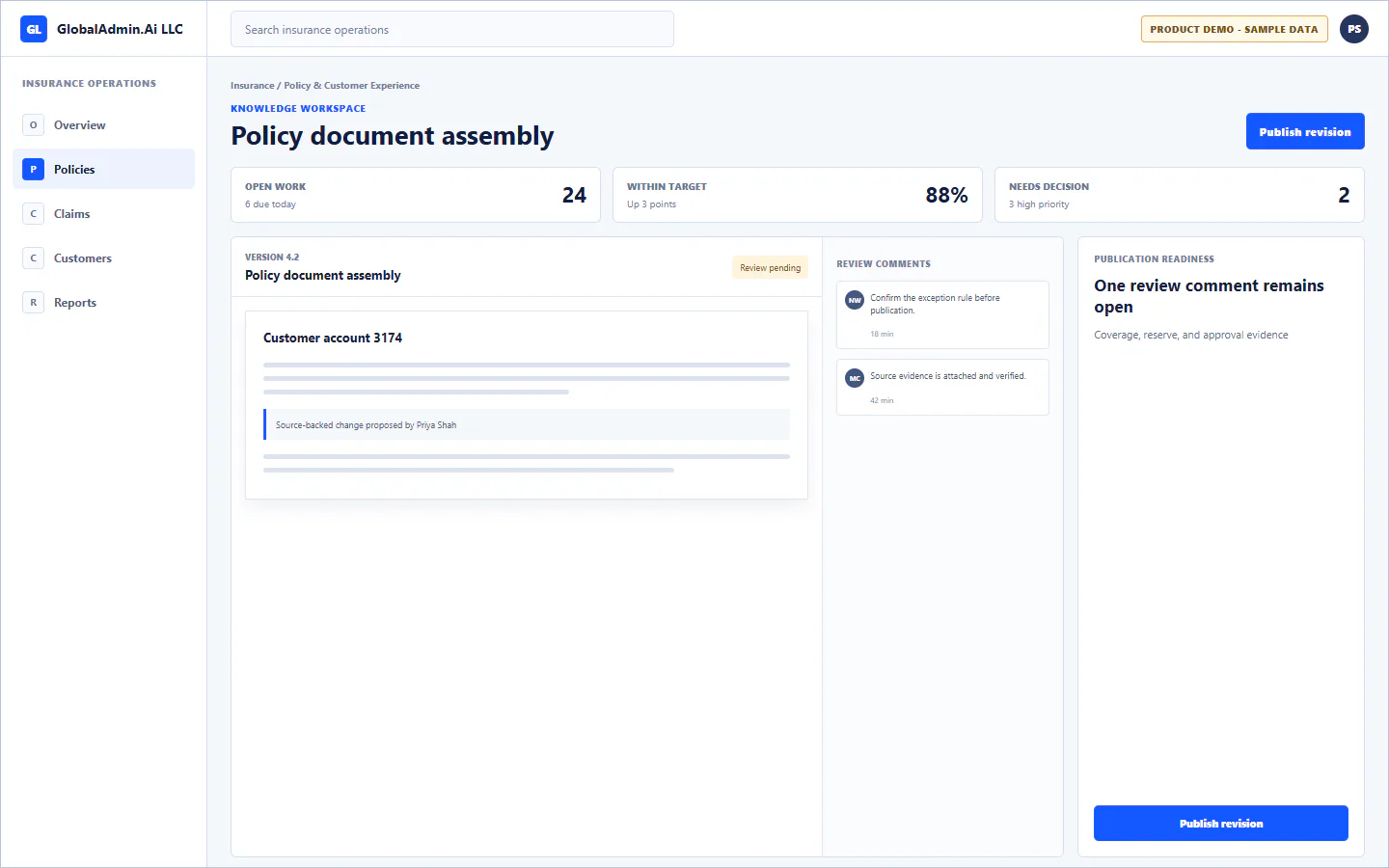 Representative Policy document assembly application for Insurance, showing knowledge workspace, sample operational data, accountable ownership, and a visible next action.