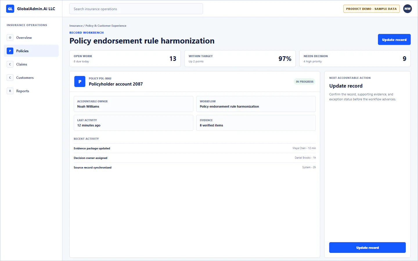 Representative Policy endorsement rule harmonization application for Insurance, showing record workbench, sample operational data, accountable ownership, and a visible next action.