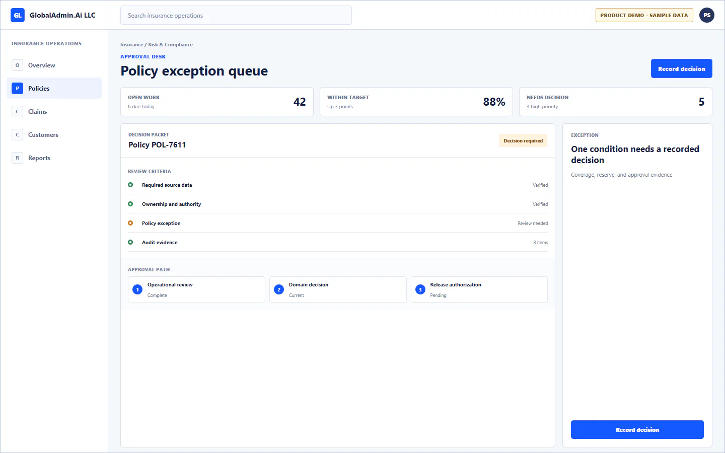 Representative Policy exception queue application for Insurance, showing approval desk, sample operational data, accountable ownership, and a visible next action.