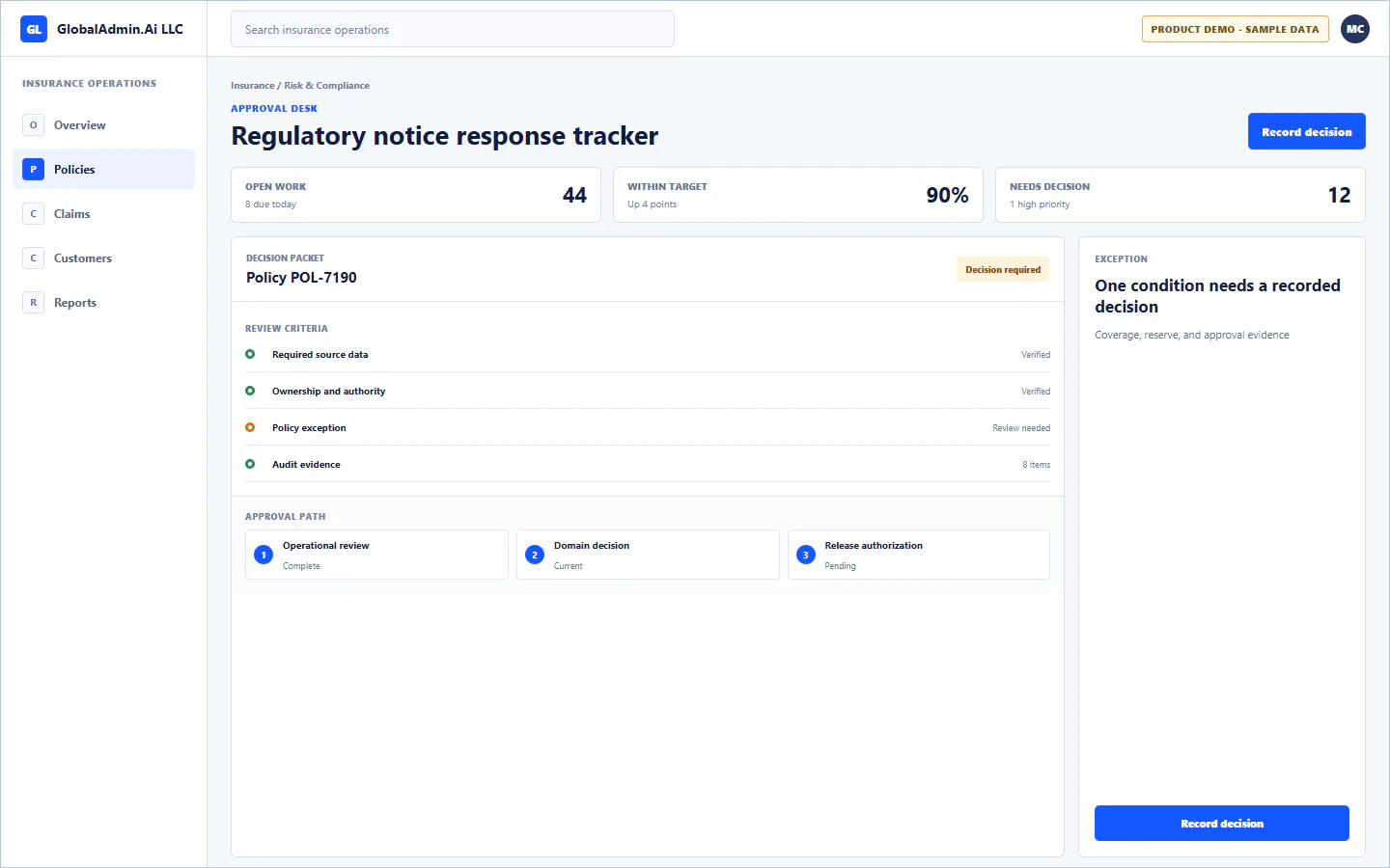 Representative Regulatory notice response tracker application for Insurance, showing approval desk, sample operational data, accountable ownership, and a visible next action.