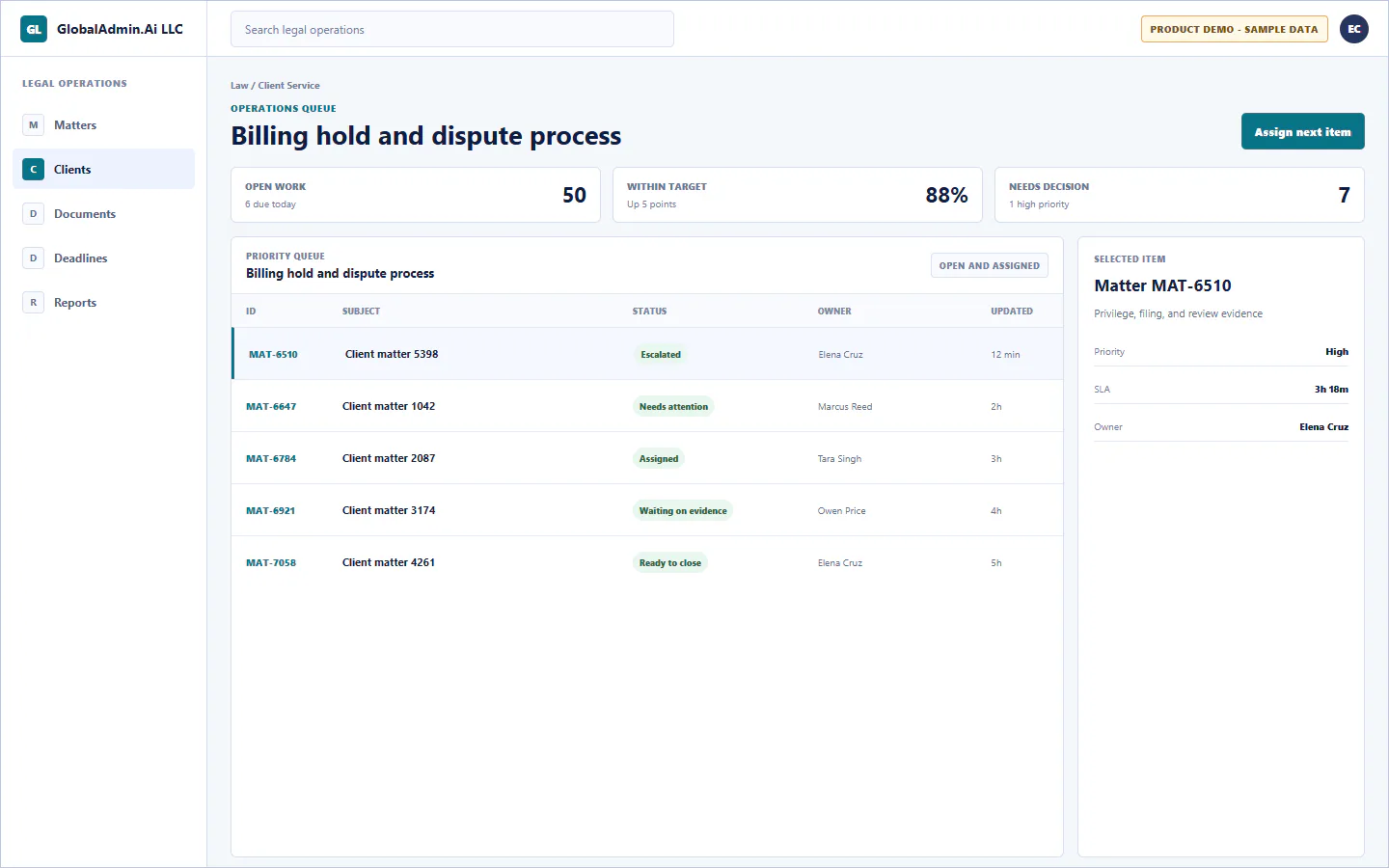 Representative Billing hold and dispute process application for Law, showing operations queue, sample operational data, accountable ownership, and a visible next action.