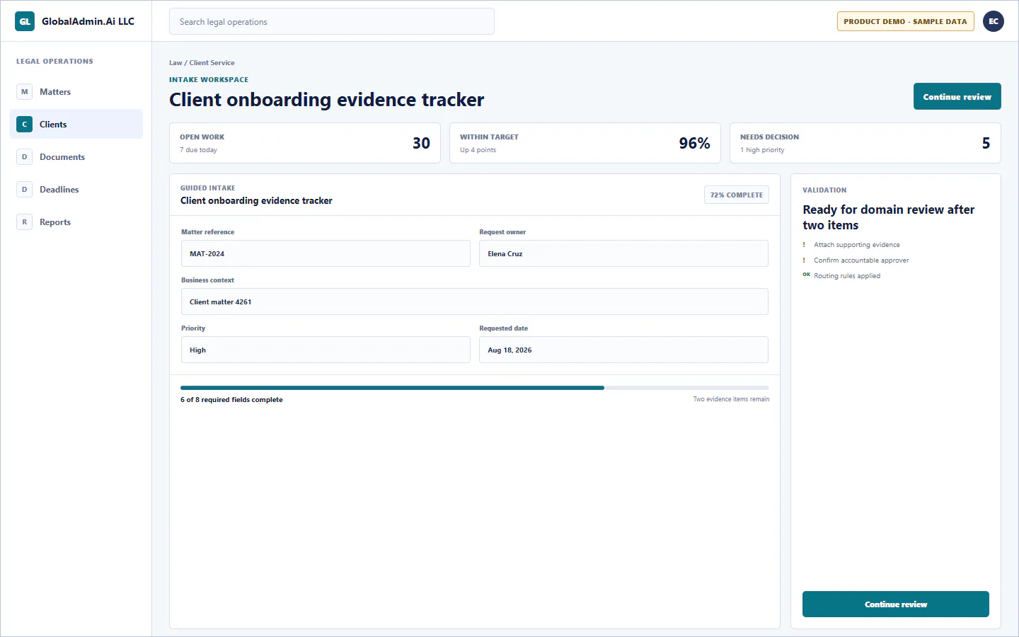Representative Client onboarding evidence tracker application for Law, showing intake workspace, sample operational data, accountable ownership, and a visible next action.