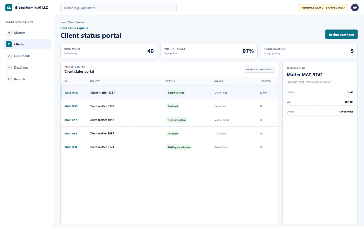 Representative Client status portal application for Law, showing operations queue, sample operational data, accountable ownership, and a visible next action.