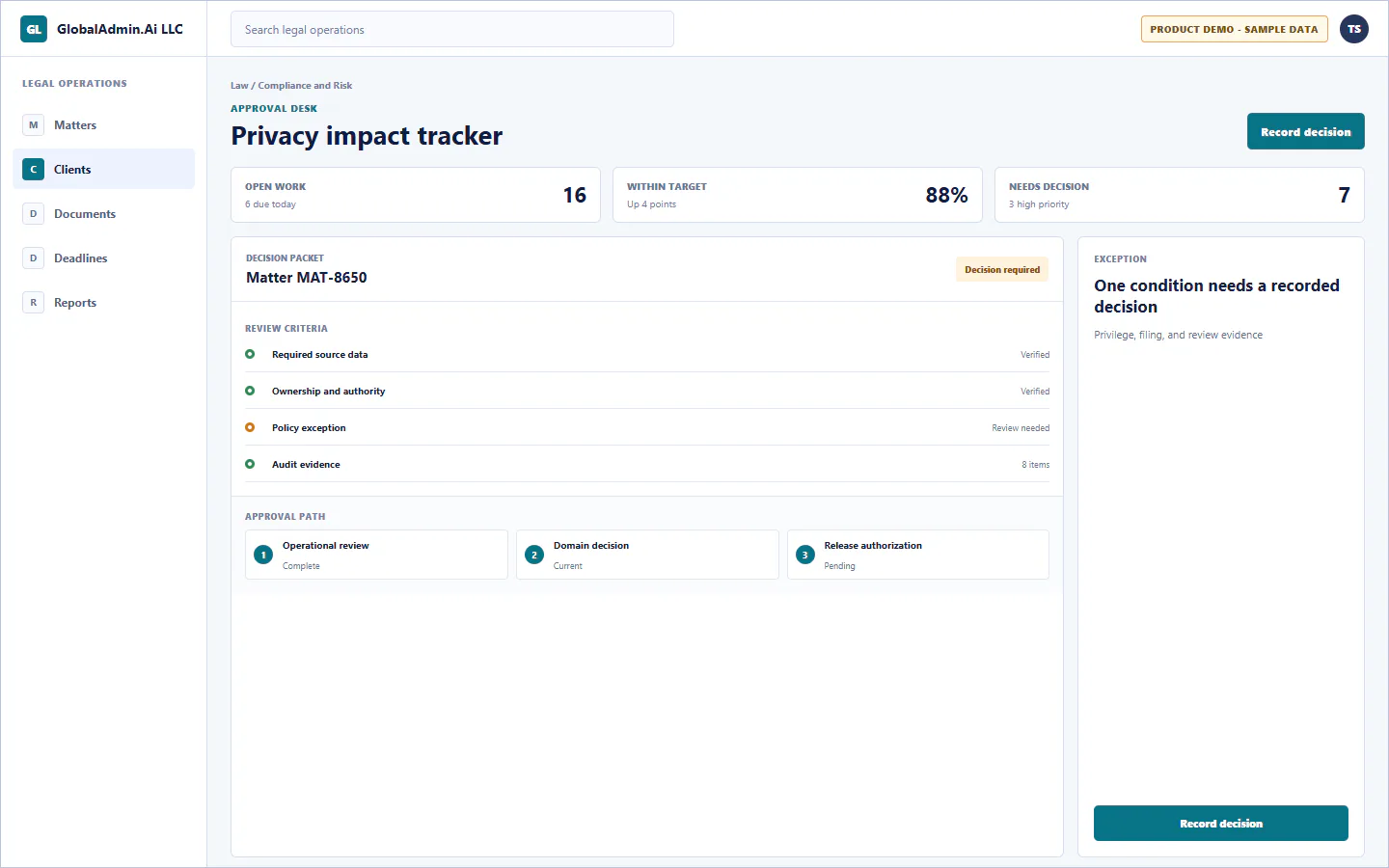 Representative Privacy impact tracker application for Law, showing approval desk, sample operational data, accountable ownership, and a visible next action.