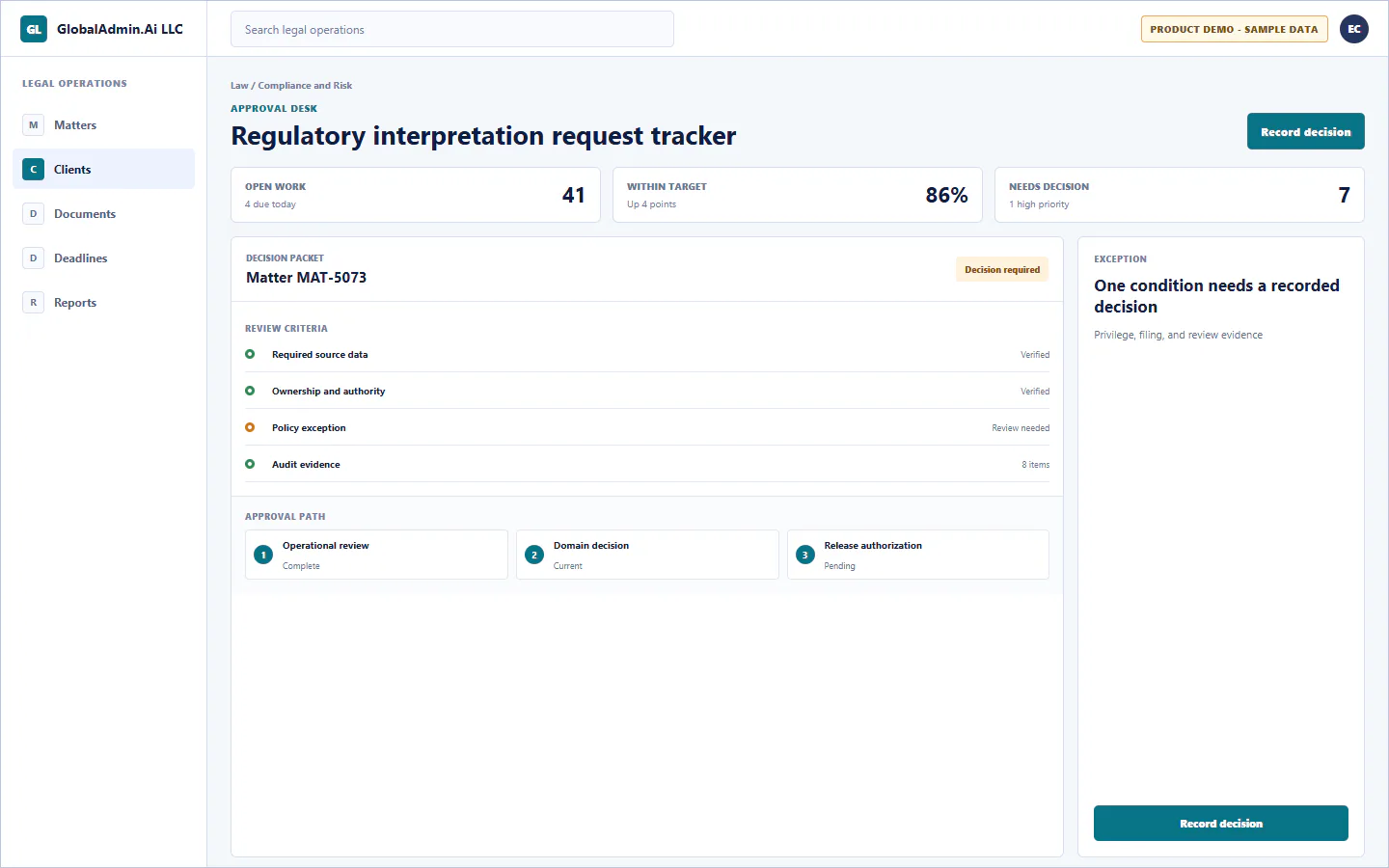 Representative Regulatory interpretation request tracker application for Law, showing approval desk, sample operational data, accountable ownership, and a visible next action.