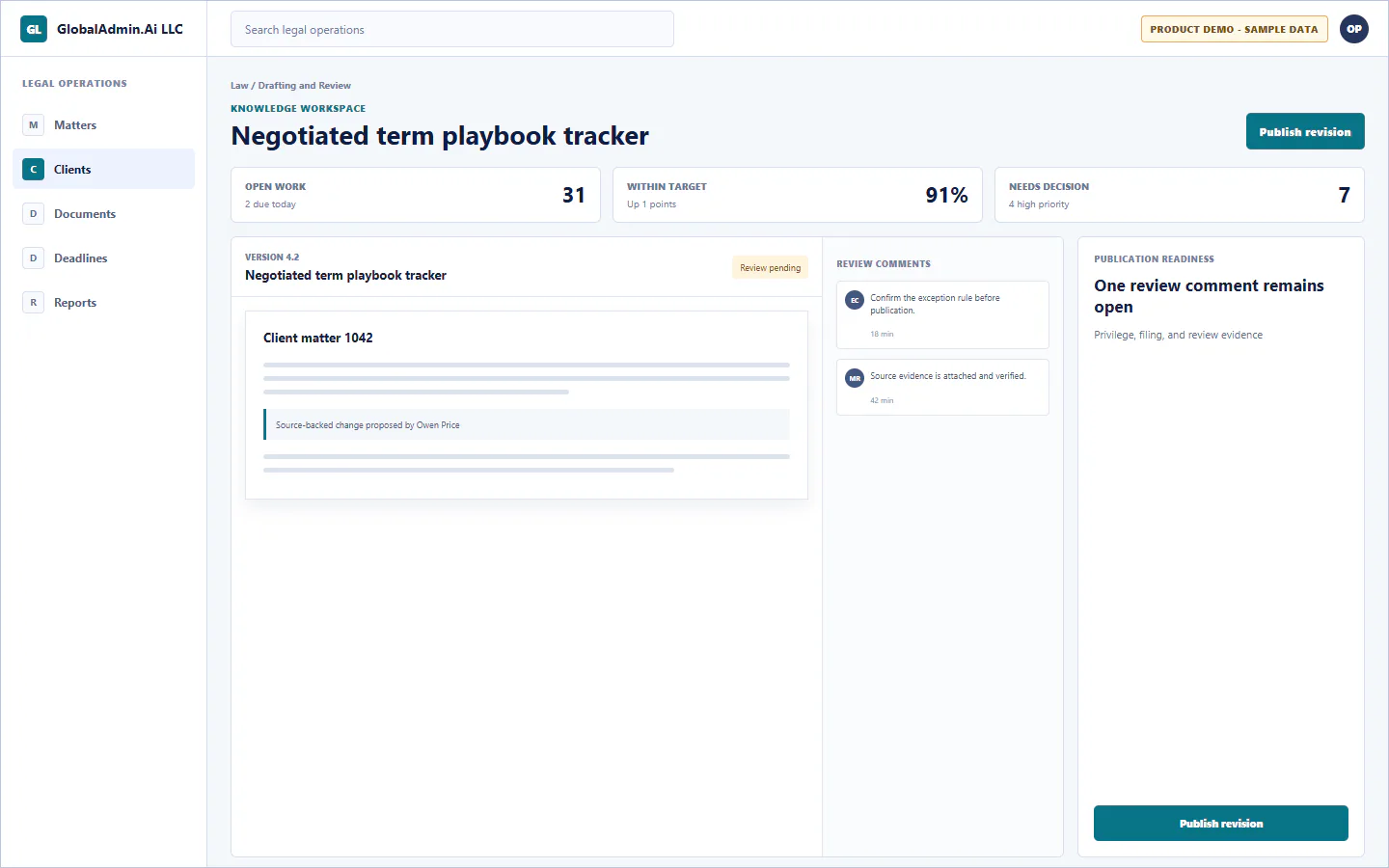 Representative Negotiated term playbook tracker application for Law, showing knowledge workspace, sample operational data, accountable ownership, and a visible next action.