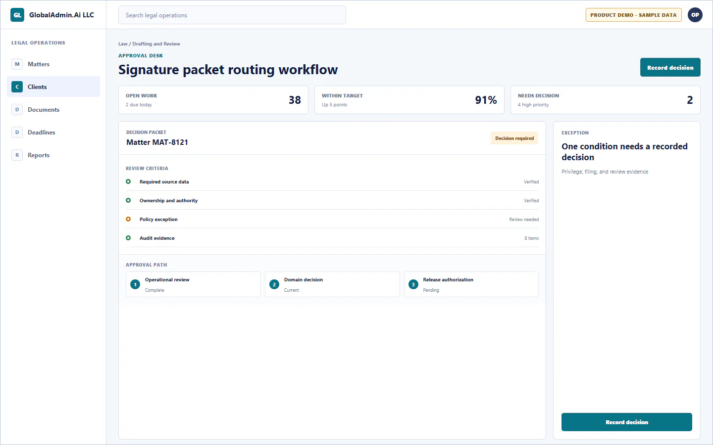 Representative Signature packet routing workflow application for Law, showing approval desk, sample operational data, accountable ownership, and a visible next action.