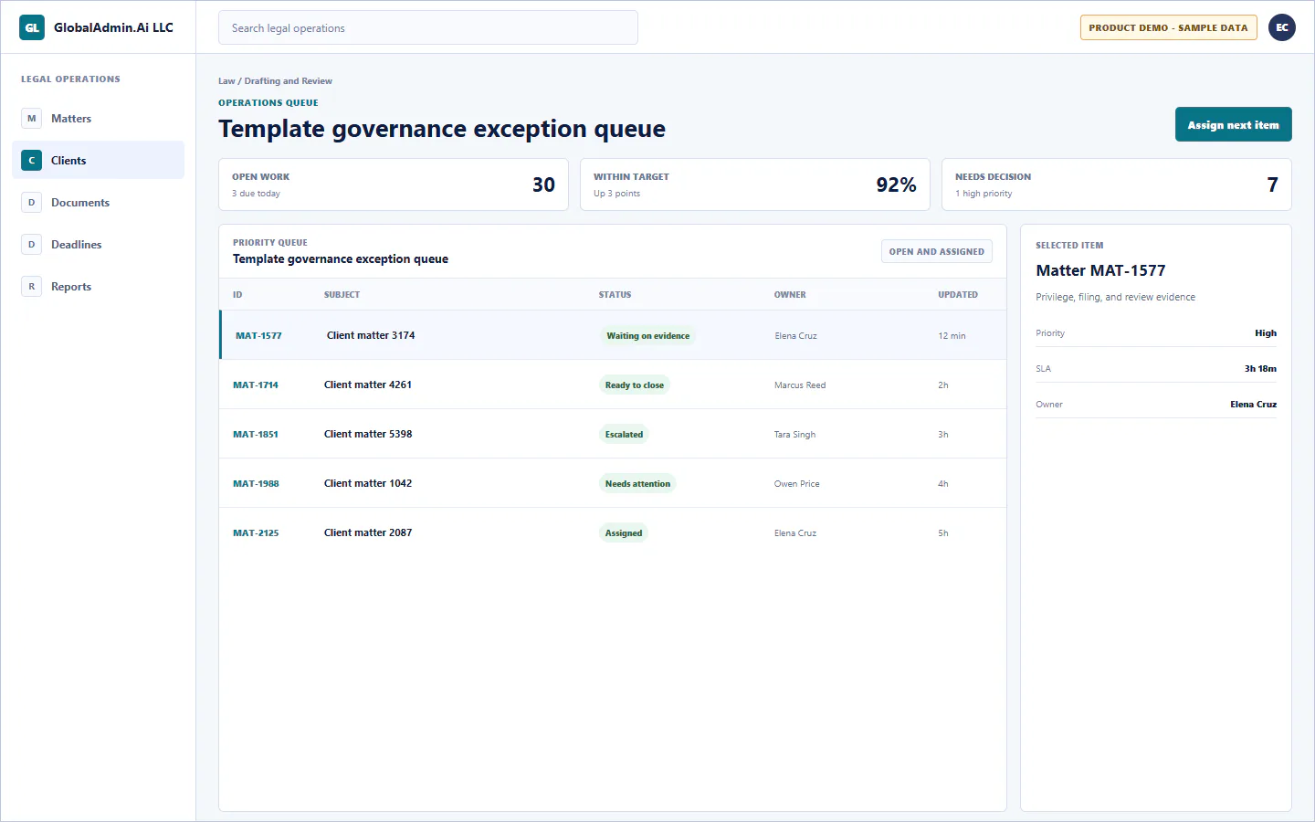 Representative Template governance exception queue application for Law, showing operations queue, sample operational data, accountable ownership, and a visible next action.
