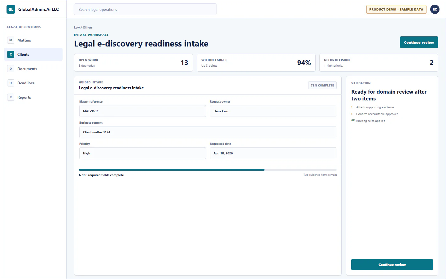 Representative Legal e-discovery readiness intake application for Law, showing intake workspace, sample operational data, accountable ownership, and a visible next action.