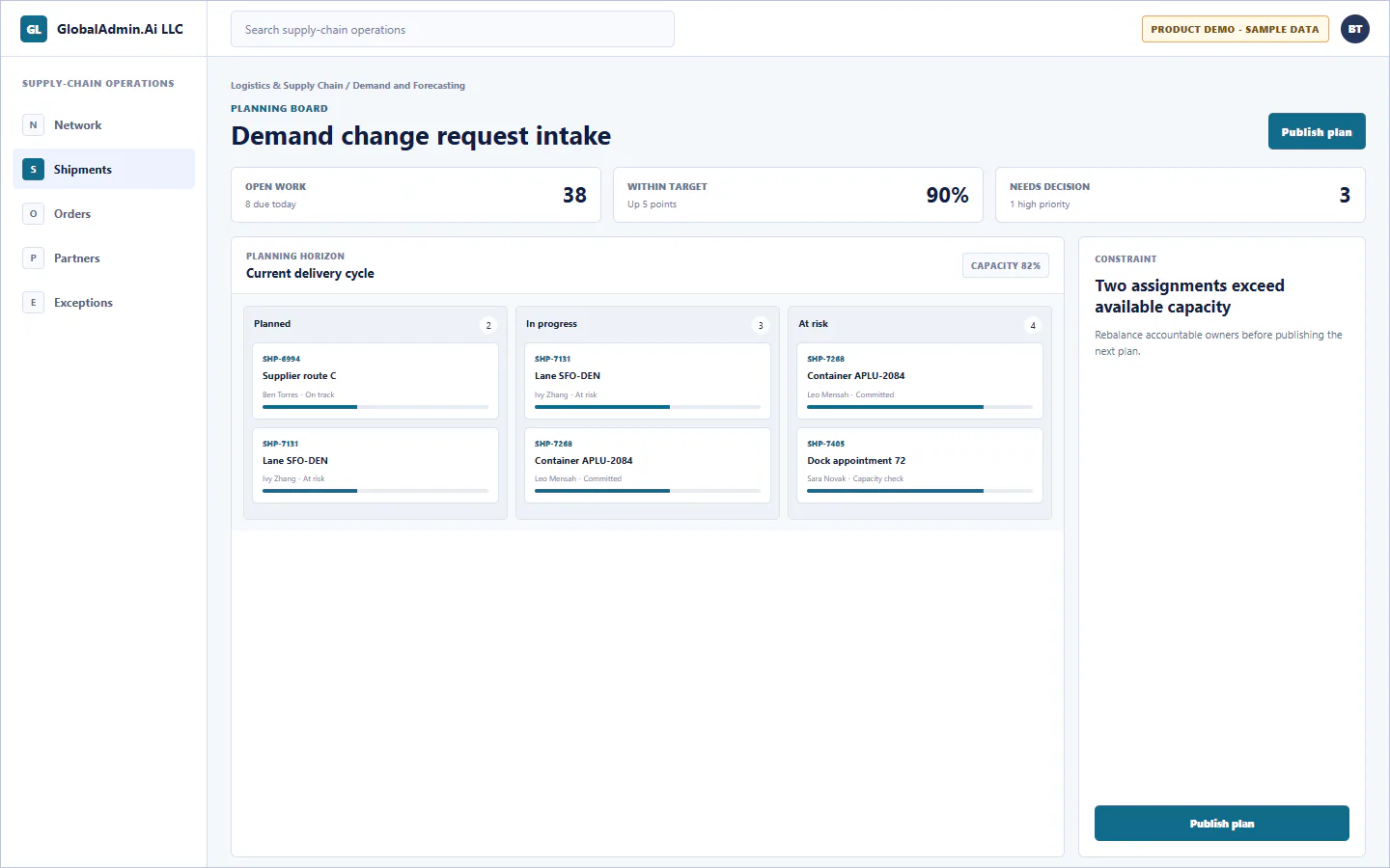 Representative Demand change request intake application for Logistics & Supply Chain, showing planning board, sample operational data, accountable ownership, and a visible next action.