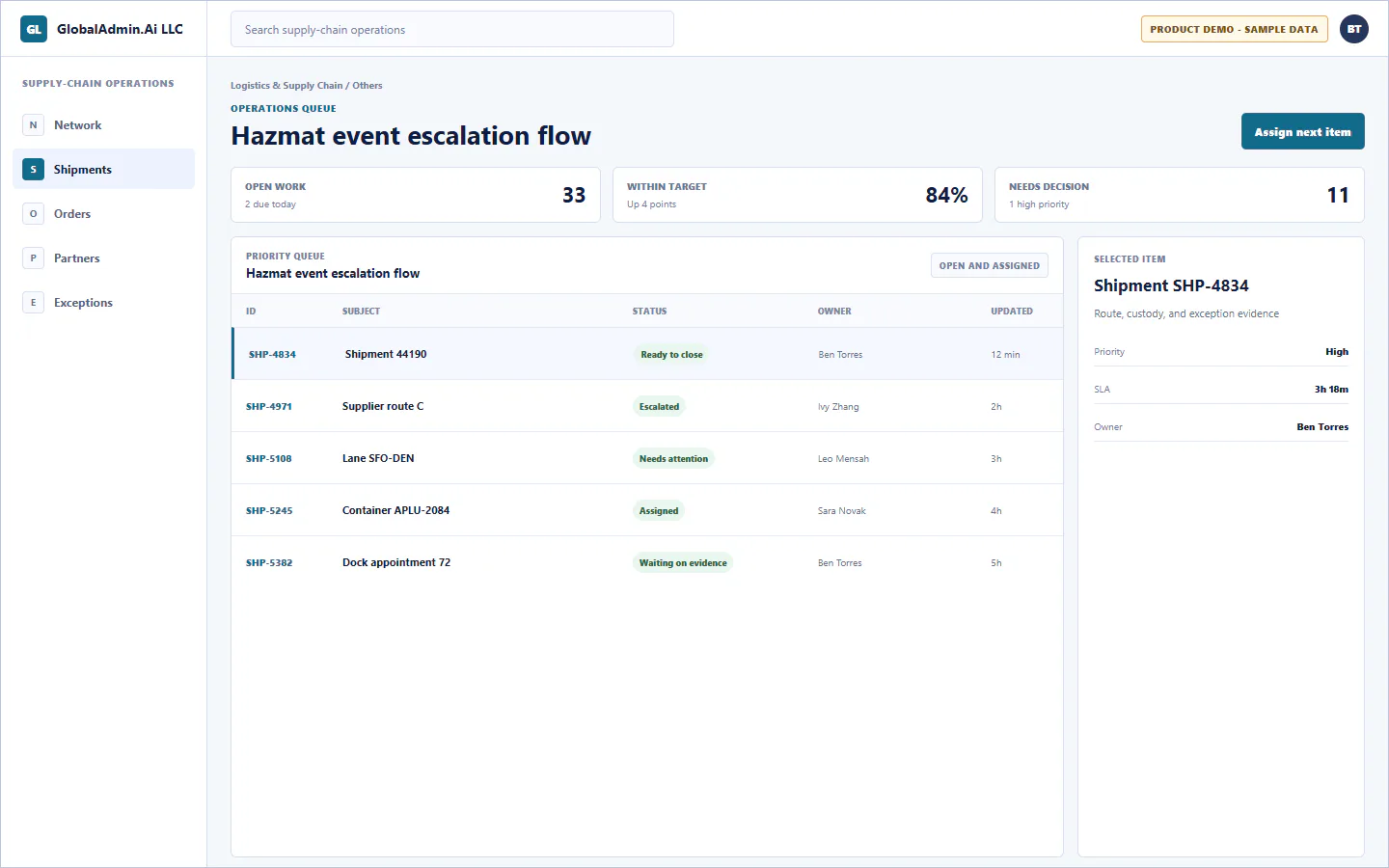 Representative Hazmat event escalation flow application for Logistics & Supply Chain, showing operations queue, sample operational data, accountable ownership, and a visible next action.