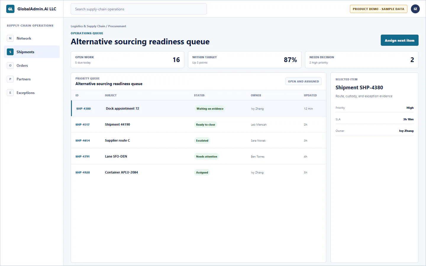 Representative Alternative sourcing readiness queue application for Logistics & Supply Chain, showing operations queue, sample operational data, accountable ownership, and a visible next action.