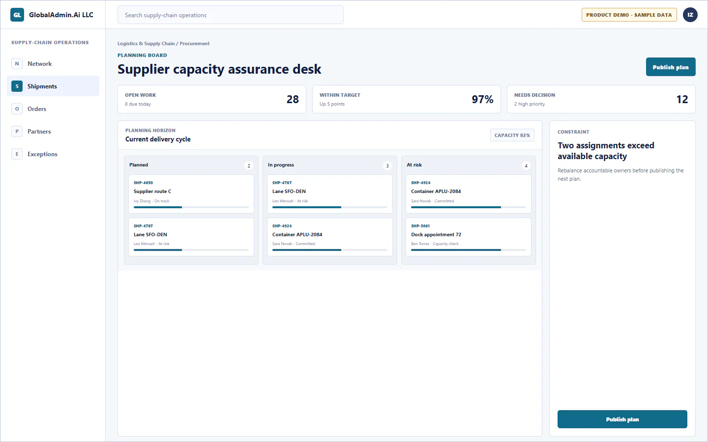 Representative Supplier capacity assurance desk application for Logistics & Supply Chain, showing planning board, sample operational data, accountable ownership, and a visible next action.