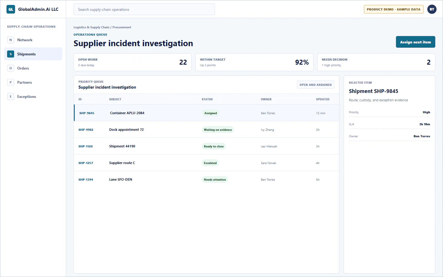 Representative Supplier incident investigation application for Logistics & Supply Chain, showing operations queue, sample operational data, accountable ownership, and a visible next action.