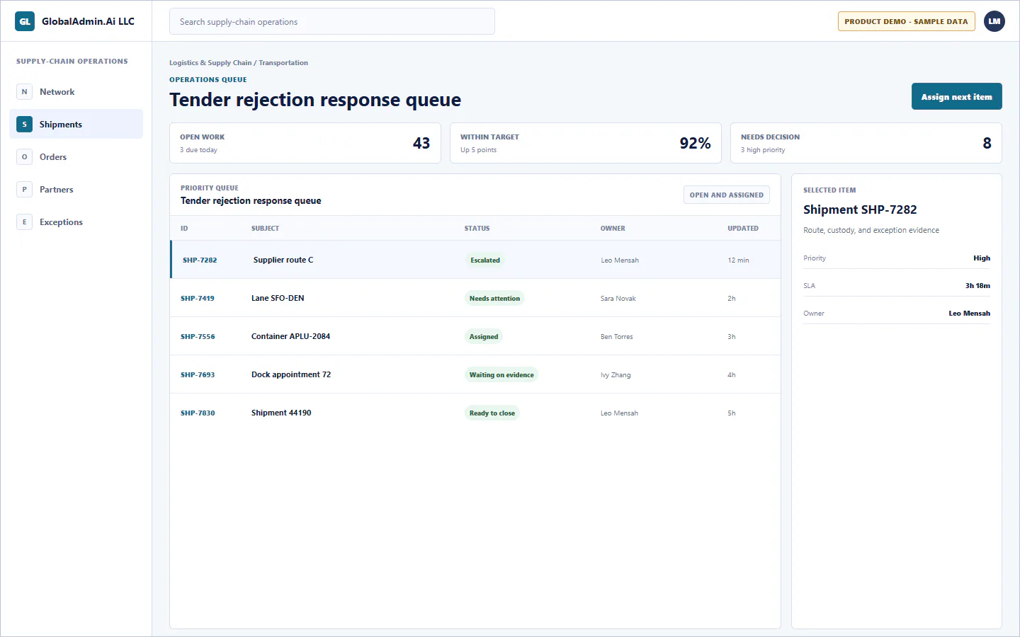 Representative Tender rejection response queue application for Logistics & Supply Chain, showing operations queue, sample operational data, accountable ownership, and a visible next action.