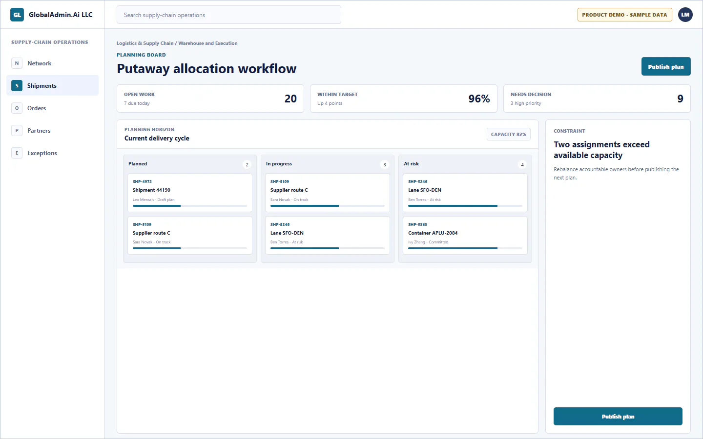 Representative Putaway allocation workflow application for Logistics & Supply Chain, showing planning board, sample operational data, accountable ownership, and a visible next action.