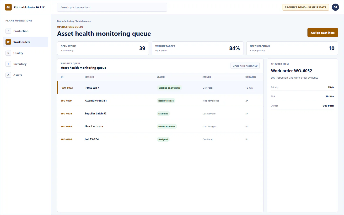 Representative Asset health monitoring queue application for Manufacturing, showing operations queue, sample operational data, accountable ownership, and a visible next action.