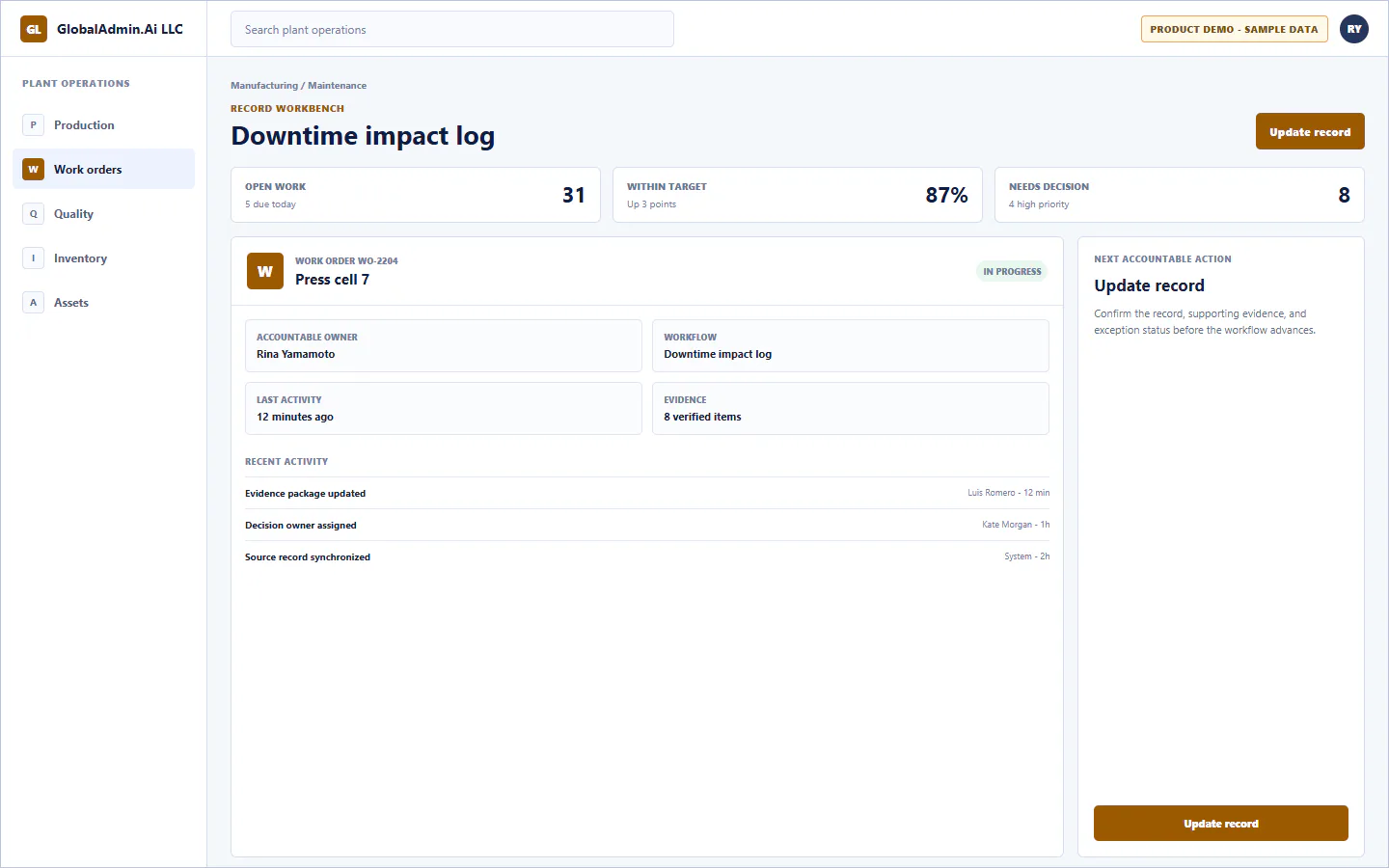Representative Downtime impact log application for Manufacturing, showing record workbench, sample operational data, accountable ownership, and a visible next action.