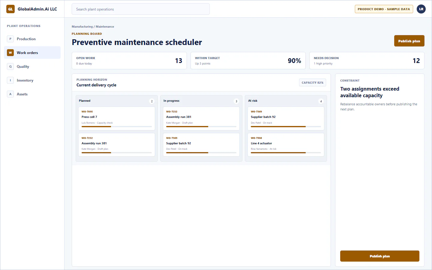 Representative Preventive maintenance scheduler application for Manufacturing, showing planning board, sample operational data, accountable ownership, and a visible next action.