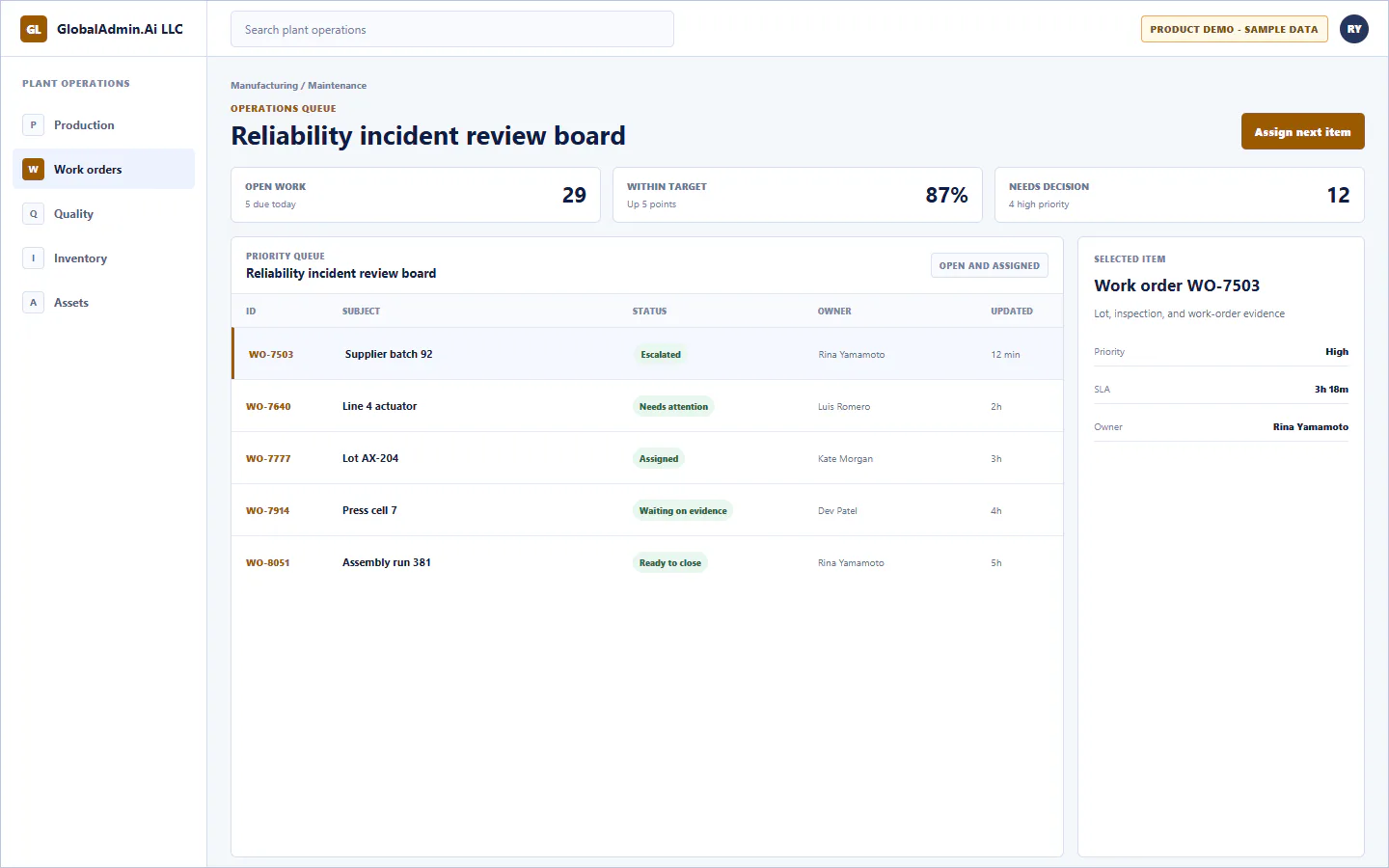 Representative Reliability incident review board application for Manufacturing, showing operations queue, sample operational data, accountable ownership, and a visible next action.