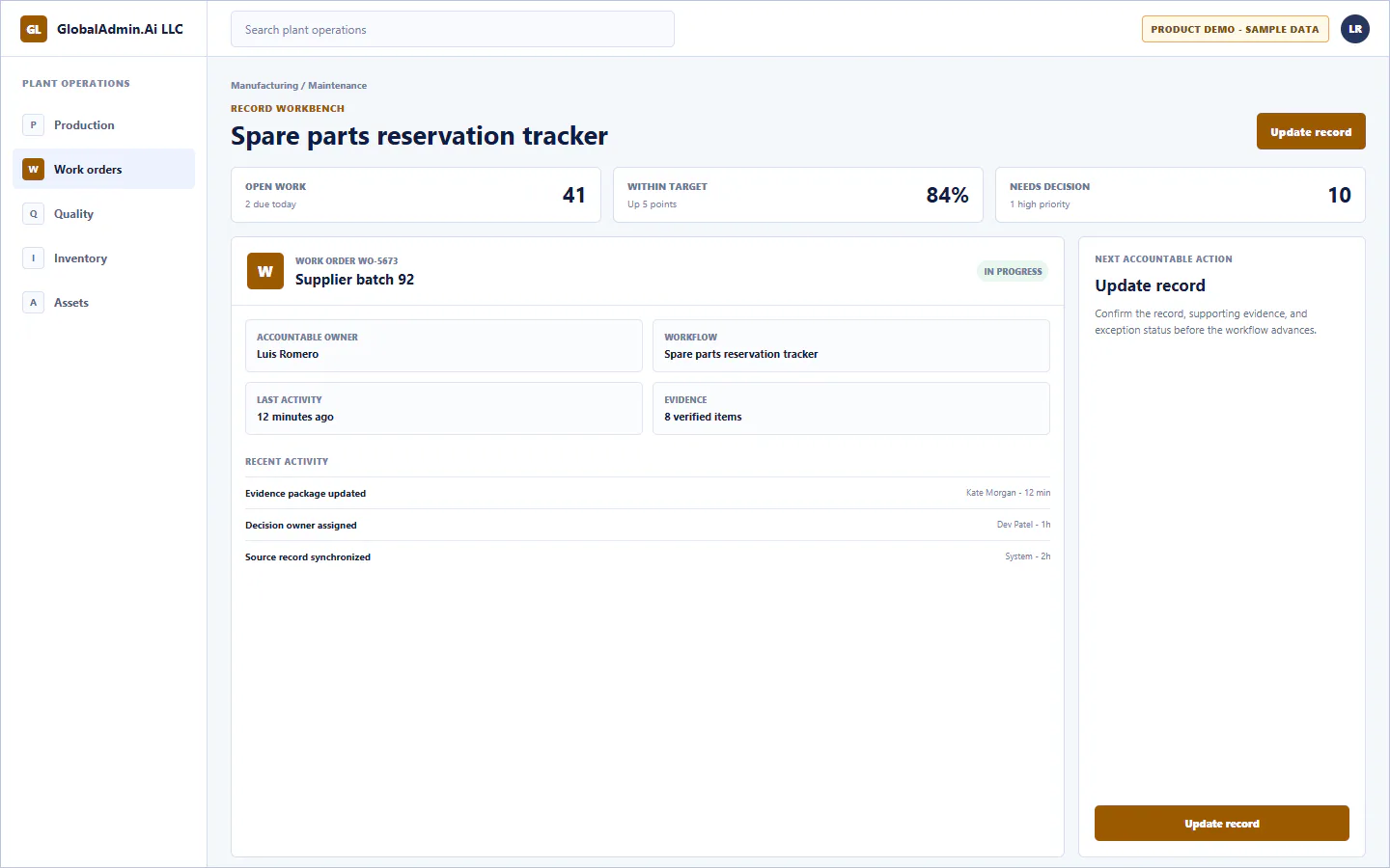 Representative Spare parts reservation tracker application for Manufacturing, showing record workbench, sample operational data, accountable ownership, and a visible next action.