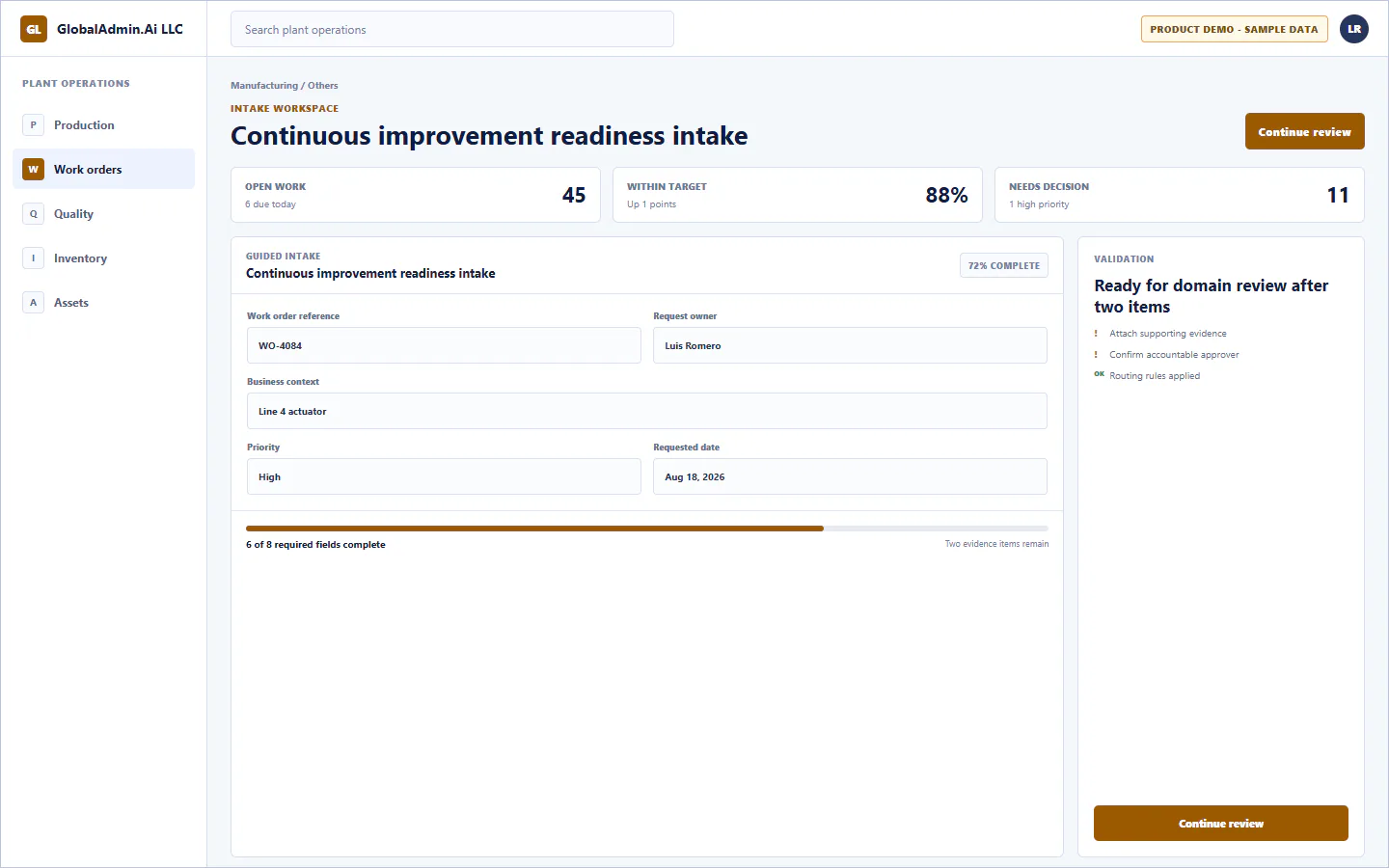 Representative Continuous improvement readiness intake application for Manufacturing, showing intake workspace, sample operational data, accountable ownership, and a visible next action.