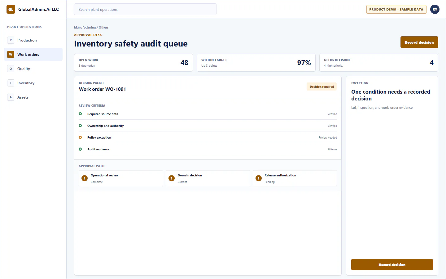 Representative Inventory safety audit queue application for Manufacturing, showing approval desk, sample operational data, accountable ownership, and a visible next action.