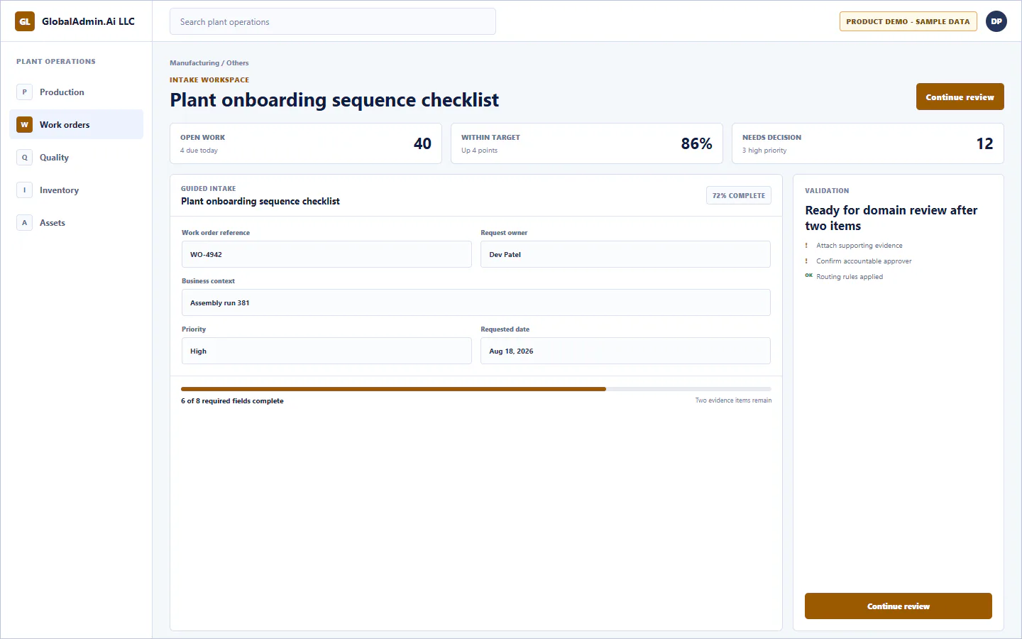 Representative Plant onboarding sequence checklist application for Manufacturing, showing intake workspace, sample operational data, accountable ownership, and a visible next action.