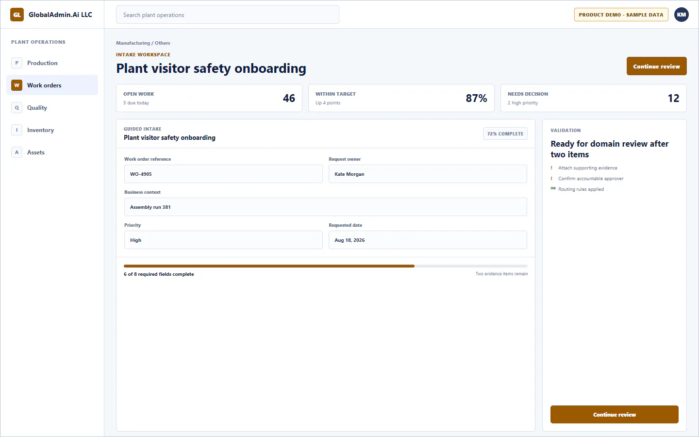 Representative Plant visitor safety onboarding application for Manufacturing, showing intake workspace, sample operational data, accountable ownership, and a visible next action.