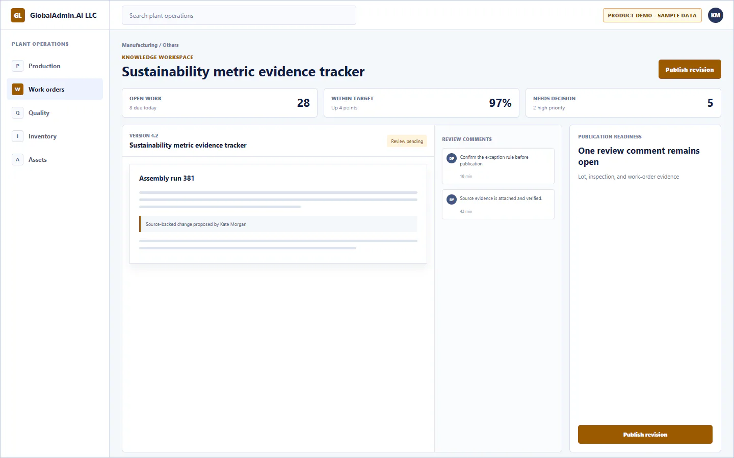 Representative Sustainability metric evidence tracker application for Manufacturing, showing knowledge workspace, sample operational data, accountable ownership, and a visible next action.