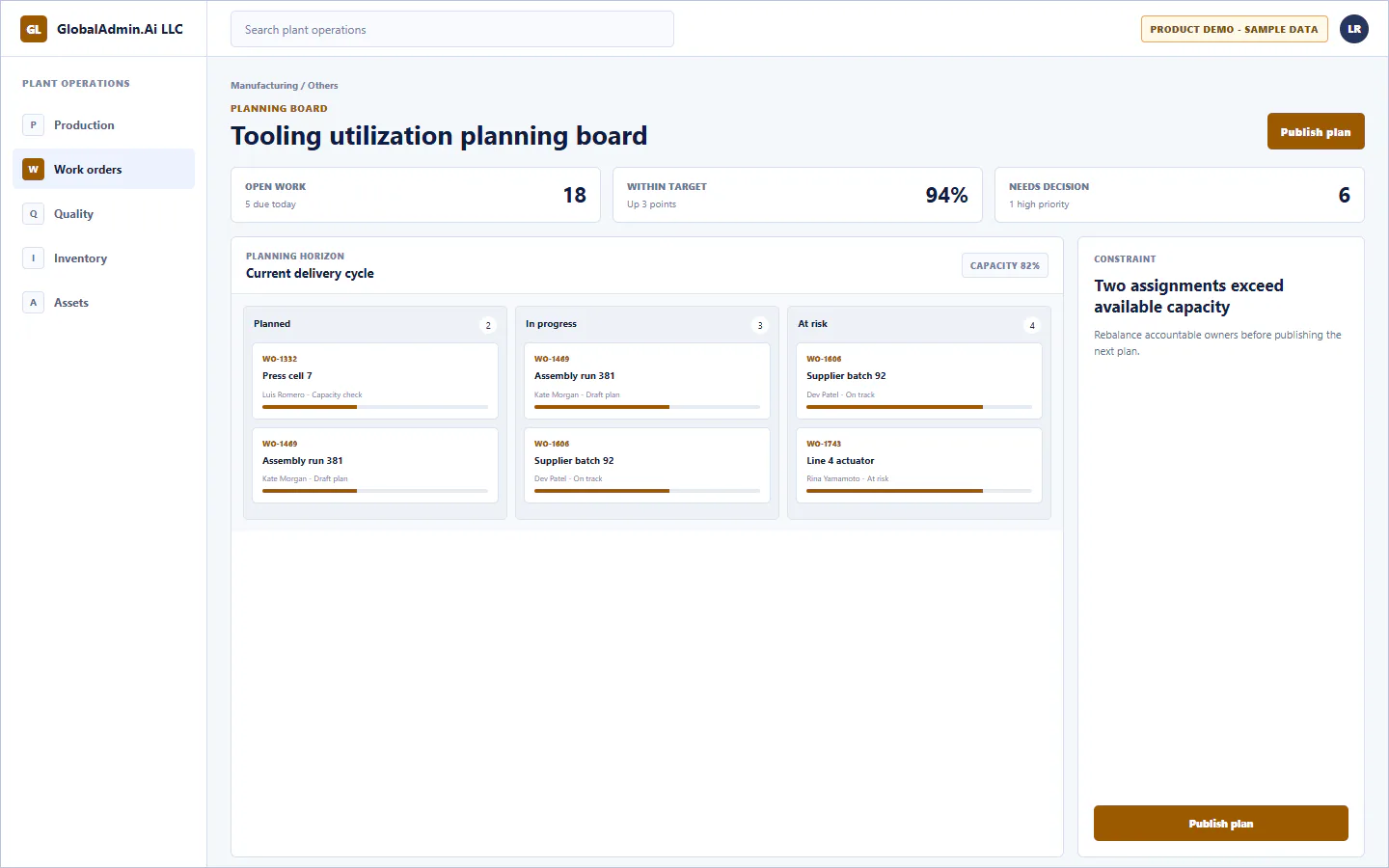 Representative Tooling utilization planning board application for Manufacturing, showing planning board, sample operational data, accountable ownership, and a visible next action.