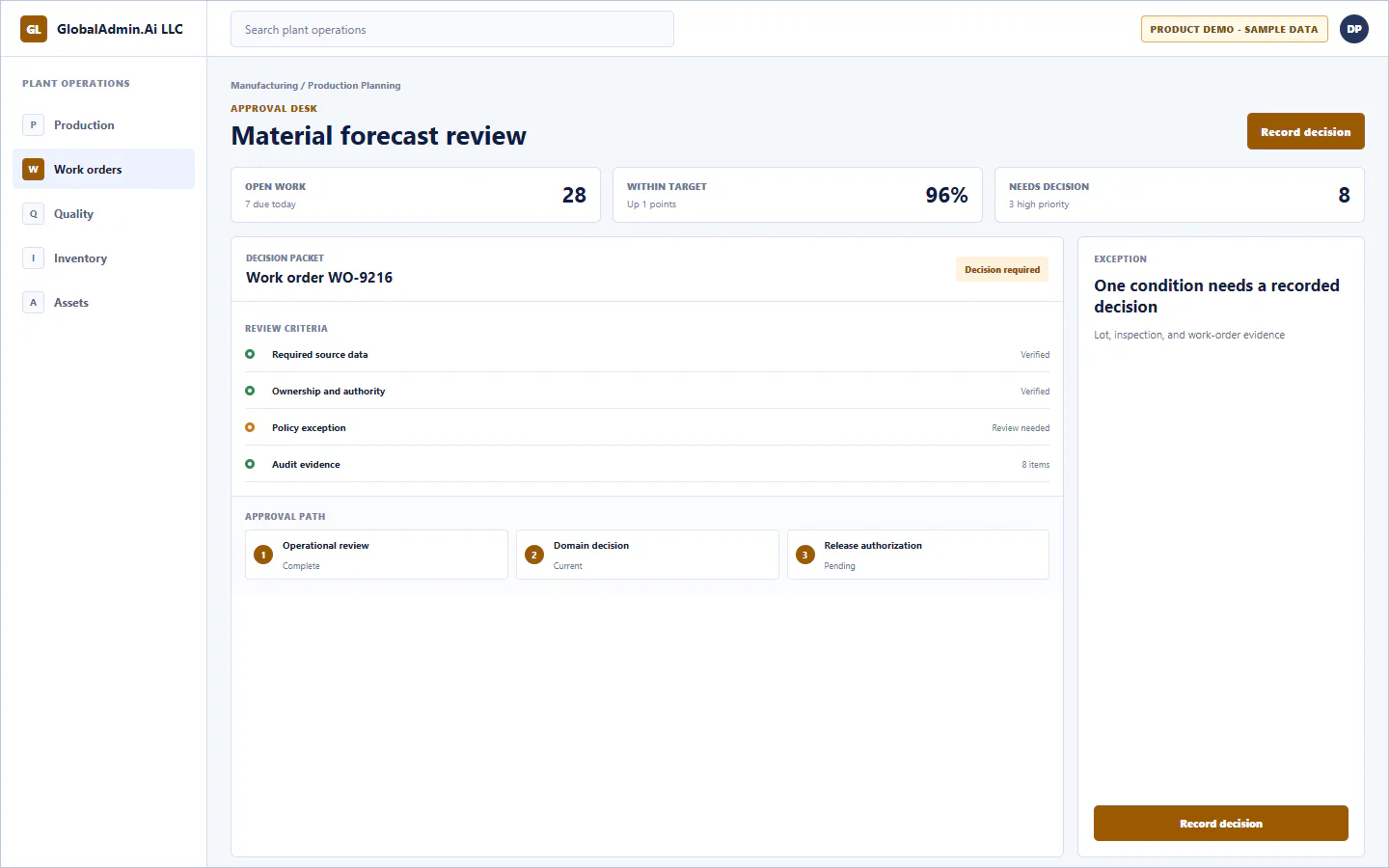 Representative Material forecast review application for Manufacturing, showing approval desk, sample operational data, accountable ownership, and a visible next action.