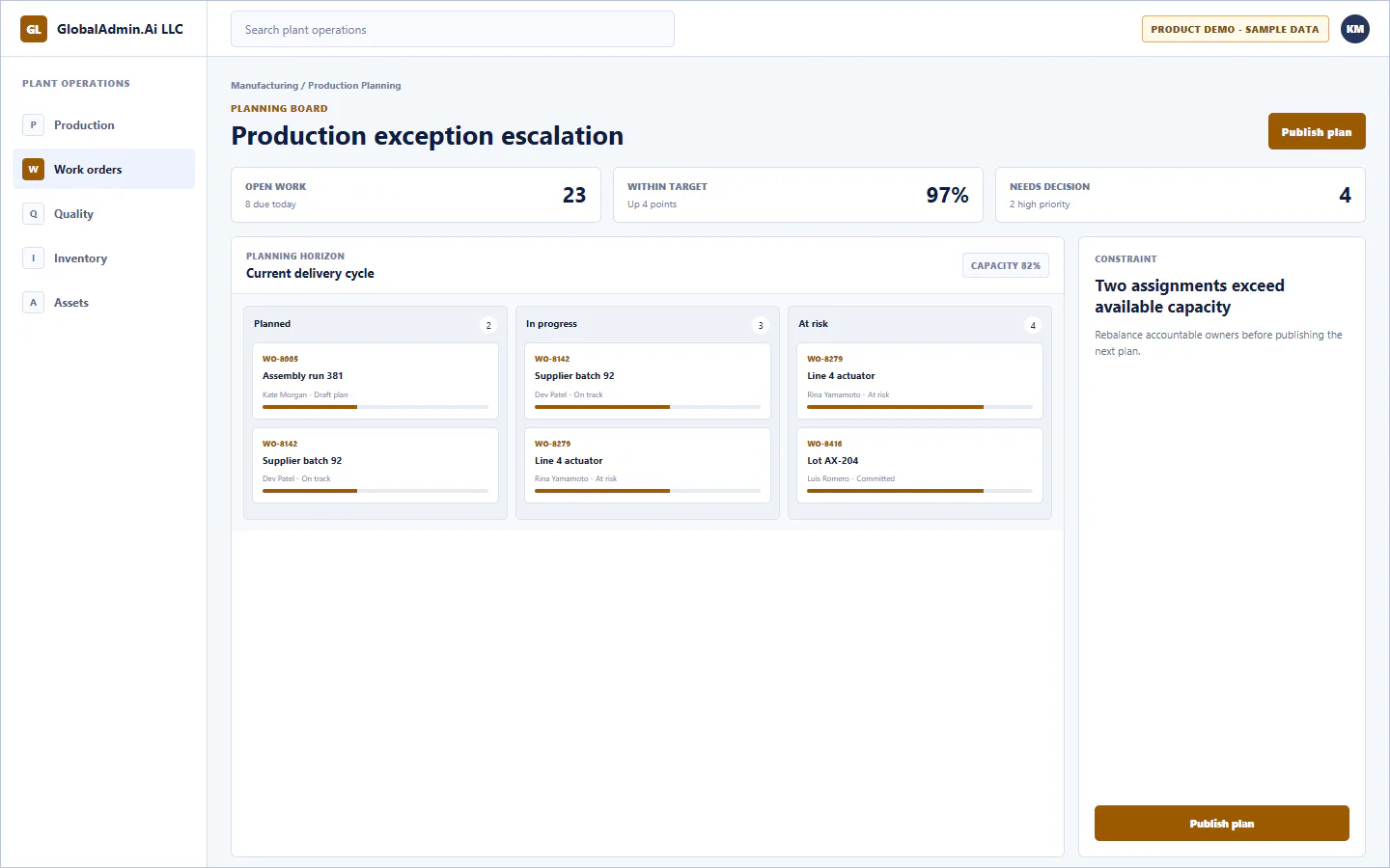 Representative Production exception escalation application for Manufacturing, showing planning board, sample operational data, accountable ownership, and a visible next action.