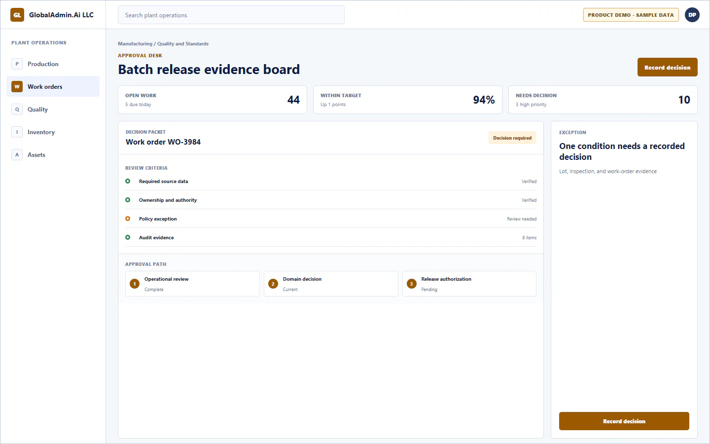 Representative Batch release evidence board application for Manufacturing, showing approval desk, sample operational data, accountable ownership, and a visible next action.