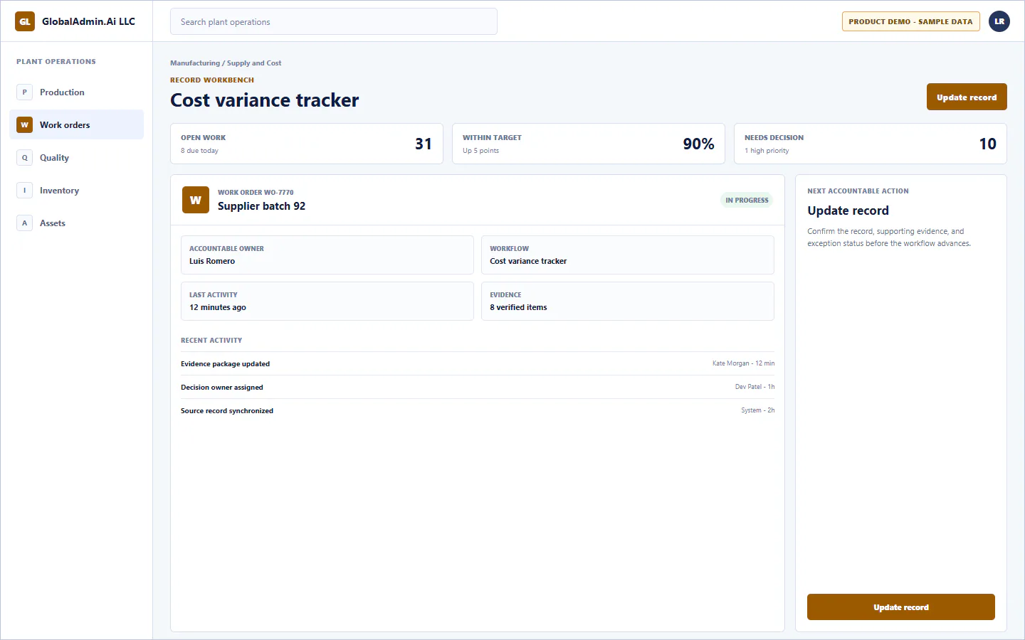 Representative Cost variance tracker application for Manufacturing, showing record workbench, sample operational data, accountable ownership, and a visible next action.
