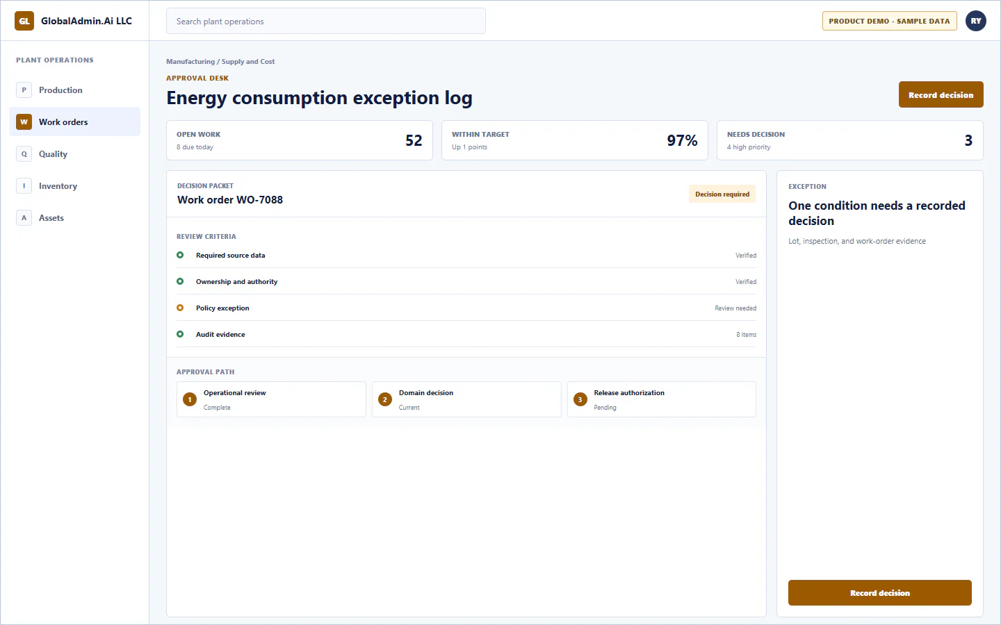 Representative Energy consumption exception log application for Manufacturing, showing approval desk, sample operational data, accountable ownership, and a visible next action.