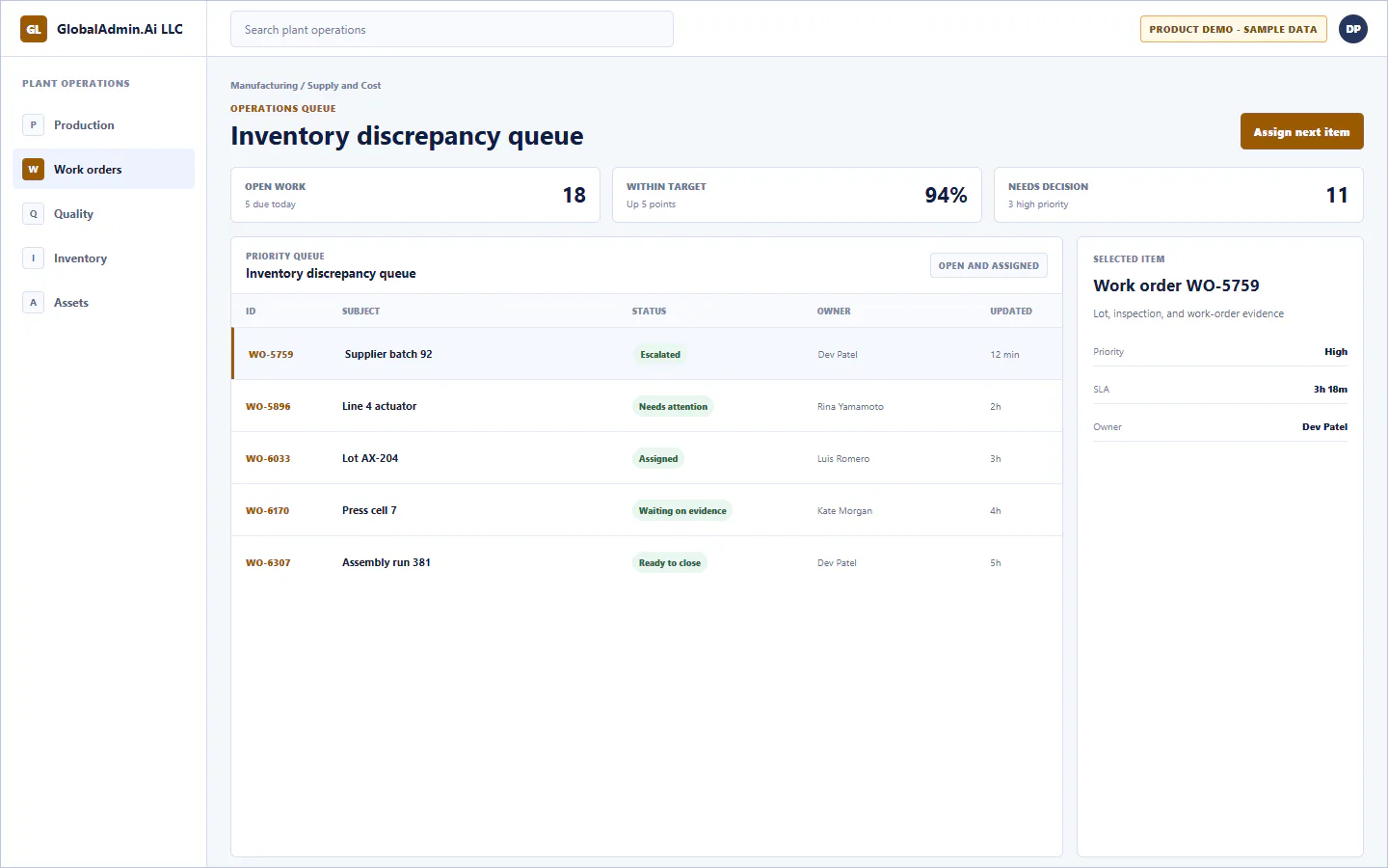 Representative Inventory discrepancy queue application for Manufacturing, showing operations queue, sample operational data, accountable ownership, and a visible next action.