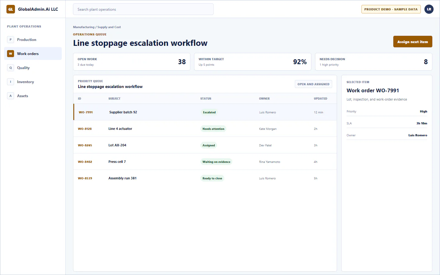 Representative Line stoppage escalation workflow application for Manufacturing, showing operations queue, sample operational data, accountable ownership, and a visible next action.
