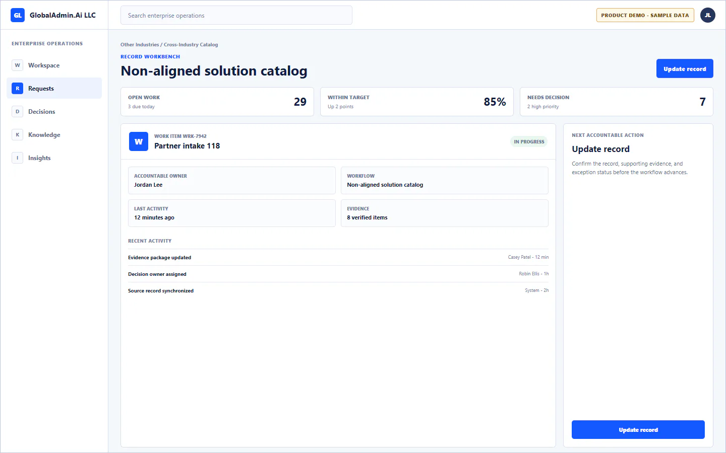 Representative Non-aligned solution catalog application for Other Industries, showing record workbench, sample operational data, accountable ownership, and a visible next action.