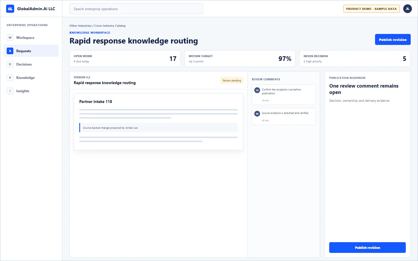 Representative Rapid response knowledge routing application for Other Industries, showing knowledge workspace, sample operational data, accountable ownership, and a visible next action.