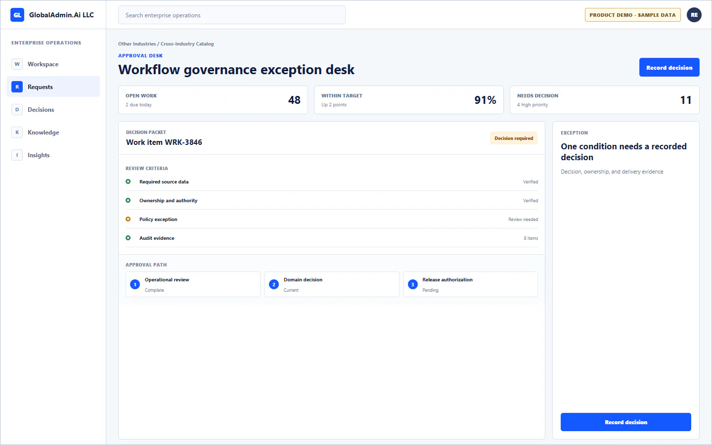 Representative Workflow governance exception desk application for Other Industries, showing approval desk, sample operational data, accountable ownership, and a visible next action.
