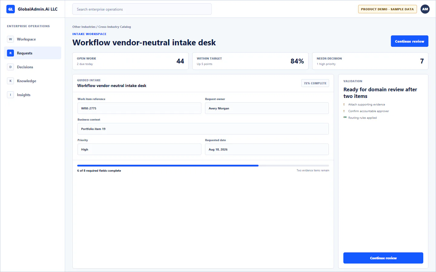 Representative Workflow vendor-neutral intake desk application for Other Industries, showing intake workspace, sample operational data, accountable ownership, and a visible next action.