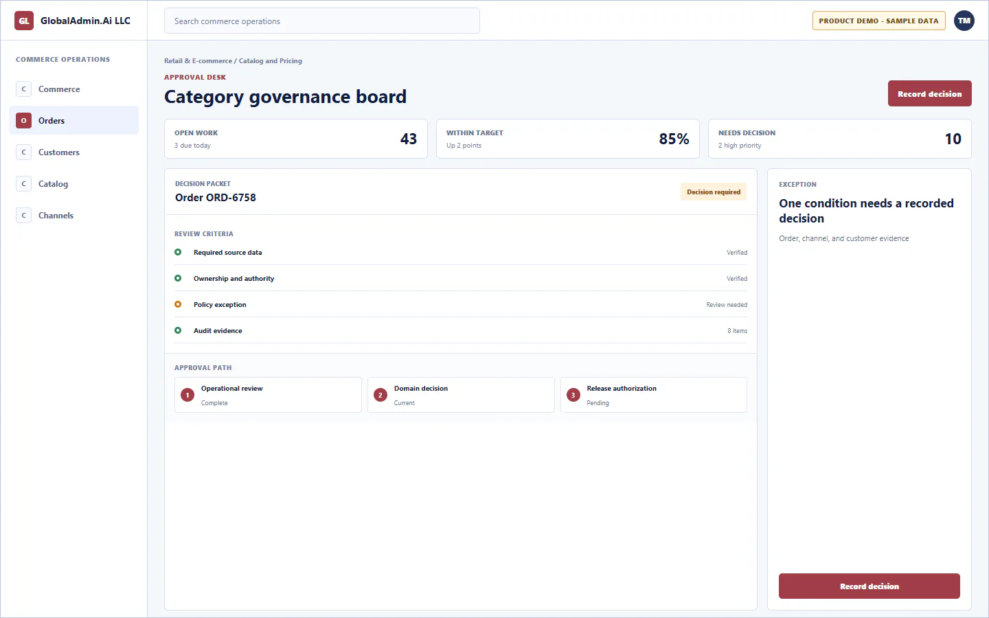 Representative Category governance board application for Retail & E-commerce, showing approval desk, sample operational data, accountable ownership, and a visible next action.