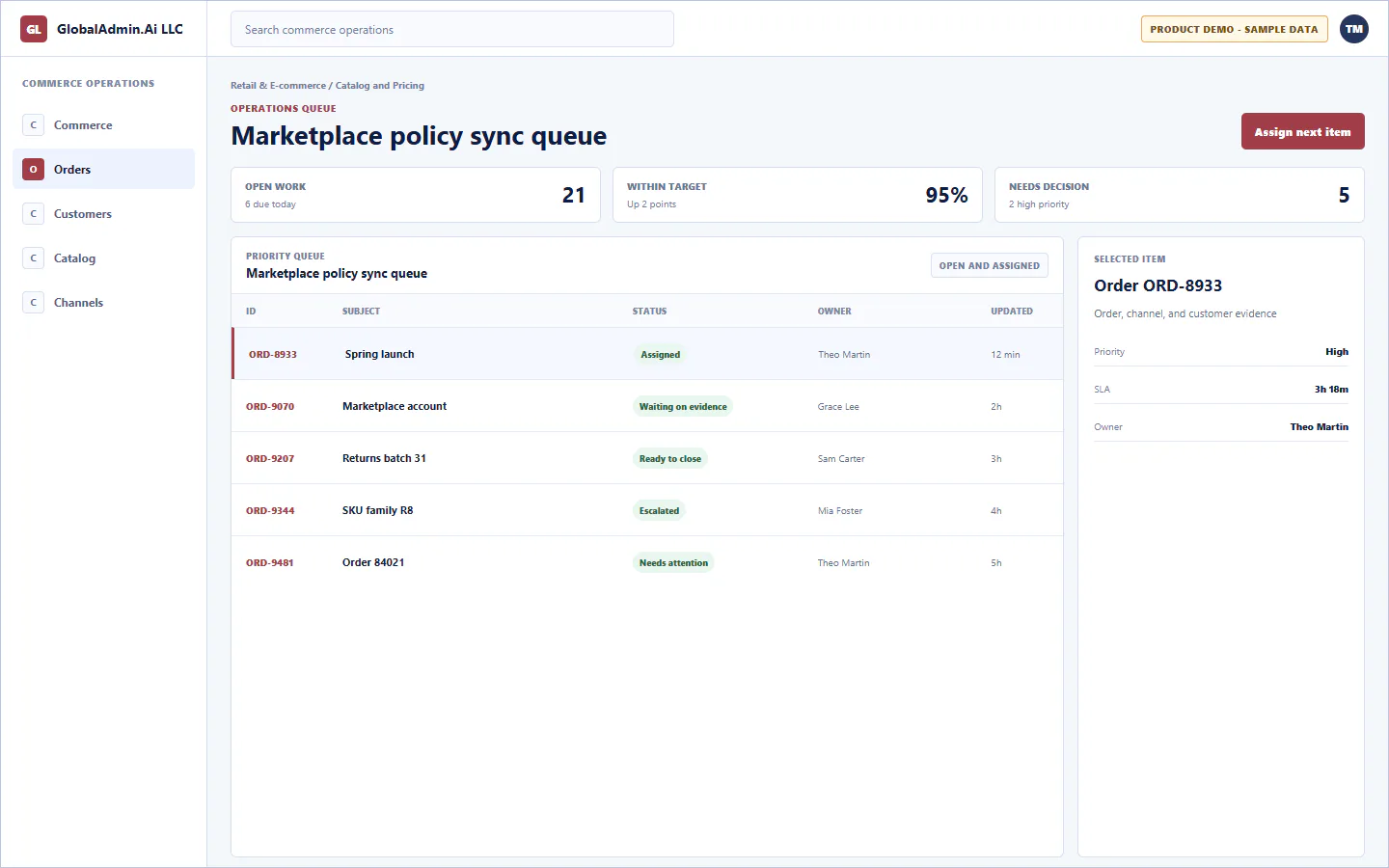 Representative Marketplace policy sync queue application for Retail & E-commerce, showing operations queue, sample operational data, accountable ownership, and a visible next action.