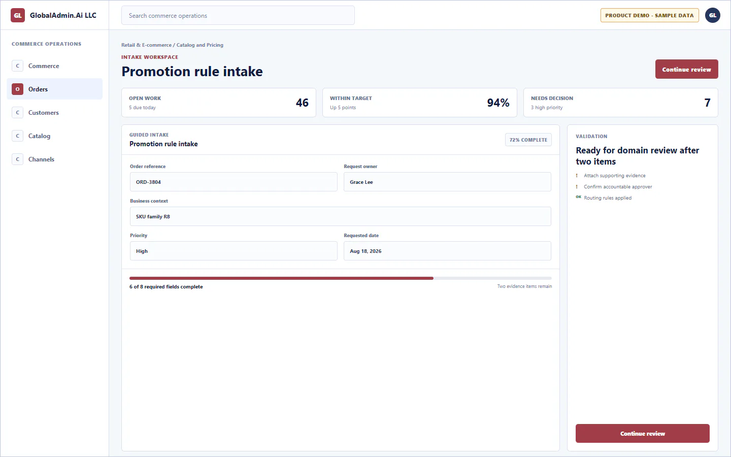 Representative Promotion rule intake application for Retail & E-commerce, showing intake workspace, sample operational data, accountable ownership, and a visible next action.